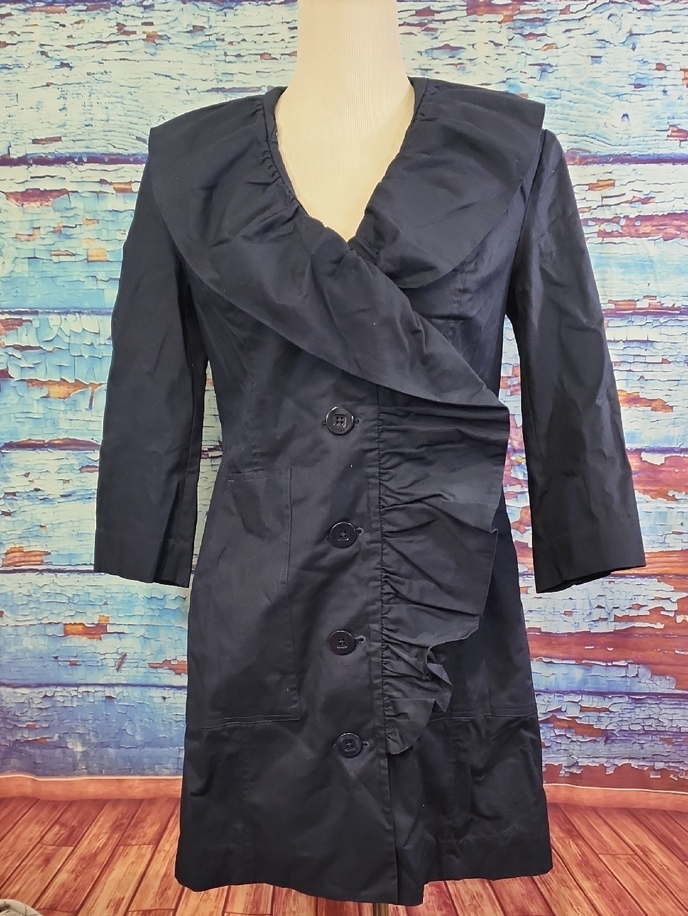 CAbi Navy Blue Ruffle-Front Midi Jacket
